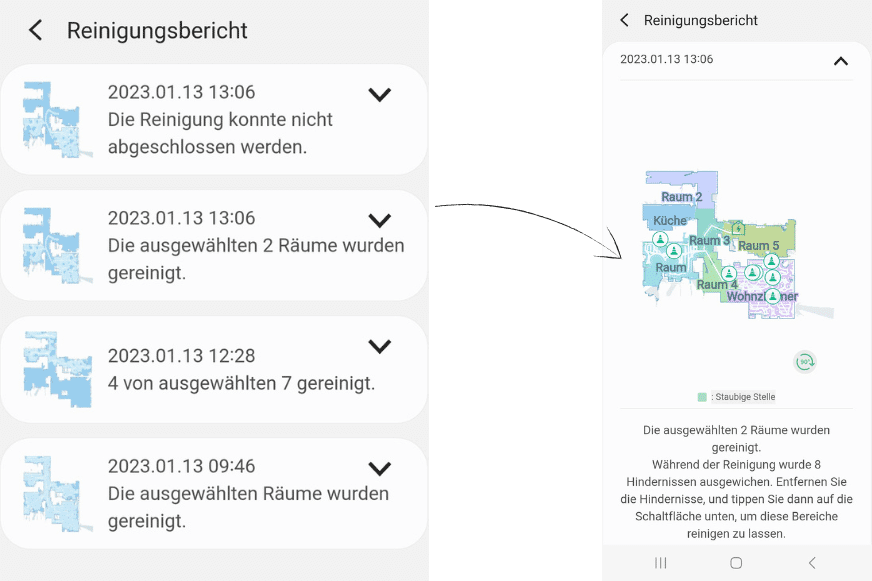 Eine Übersicht der vergangenen Reinigungsläufe des Samsung Jet Bot AI+ ist zu sehen.